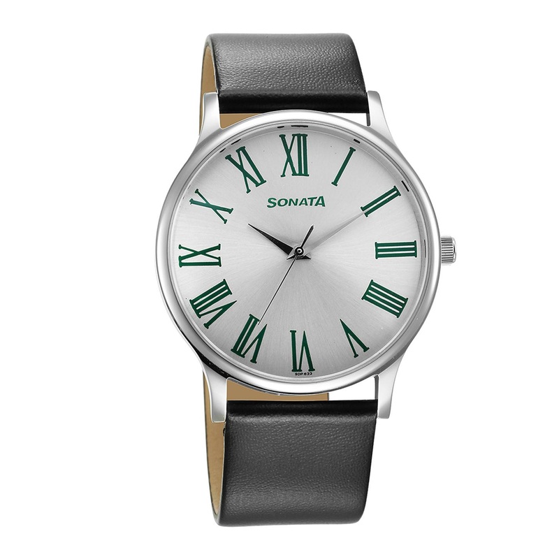 Sonata Men Brass Dial & Leather Straps Analogue Watch 77105SL14W