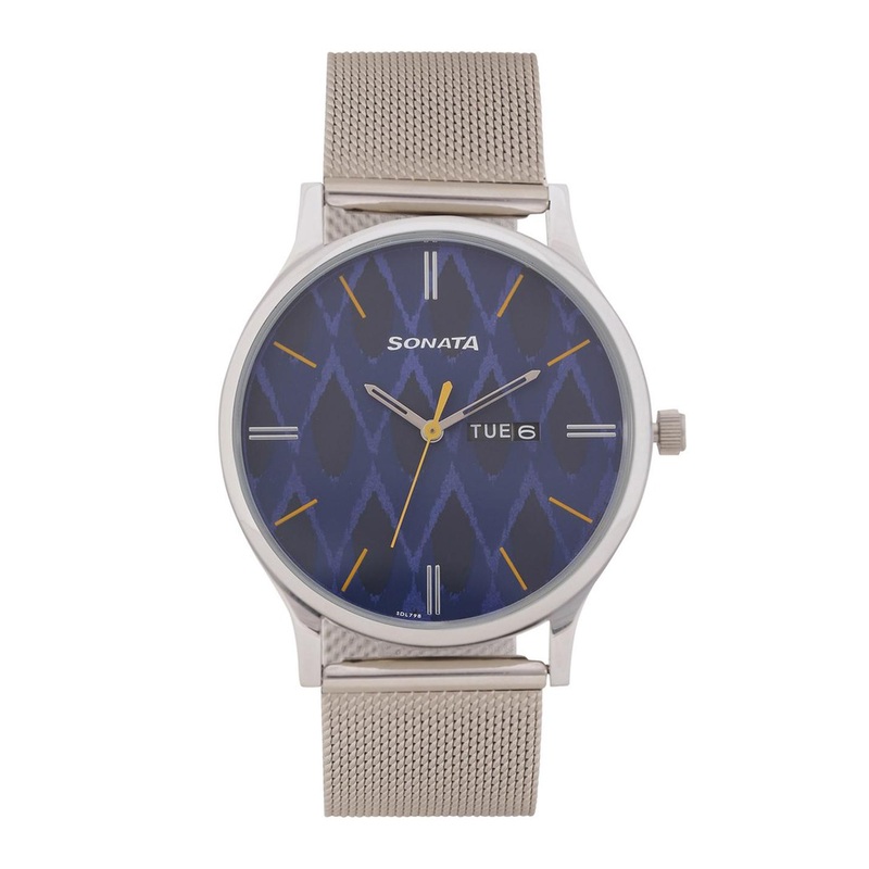 Sonata Men Printed Dial & Stainless Steel Bracelet Style Straps Analogue Watch- 77105SM04