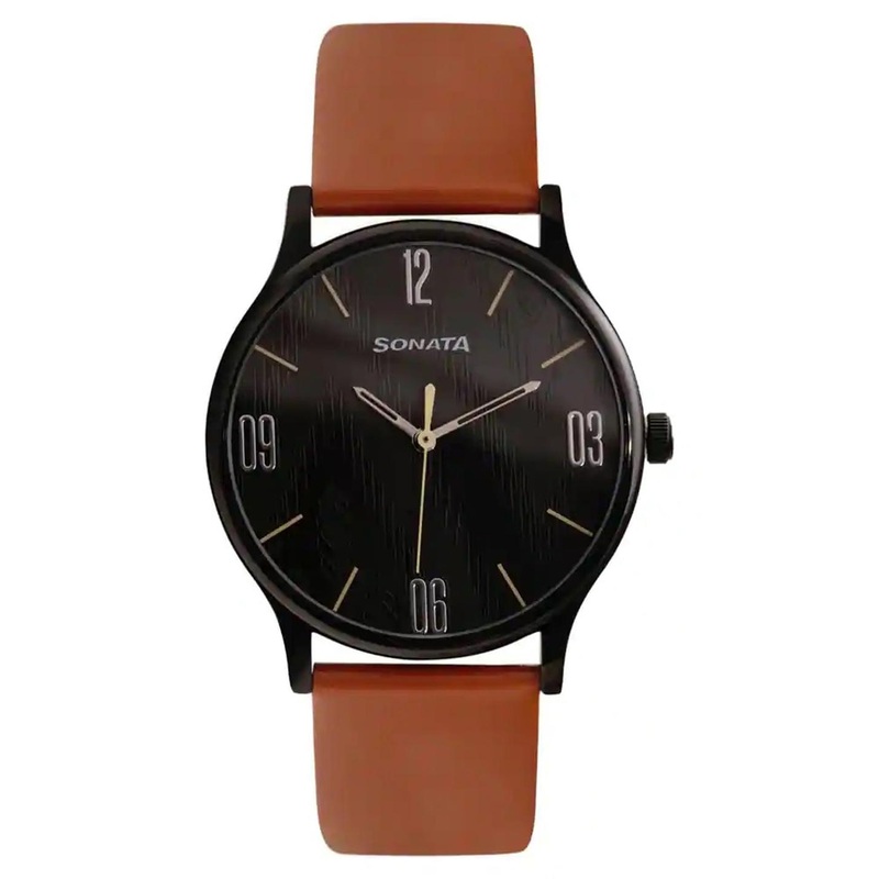 Sonata Men Round Dial & Leather Straps Analogue Watch 77105NL03