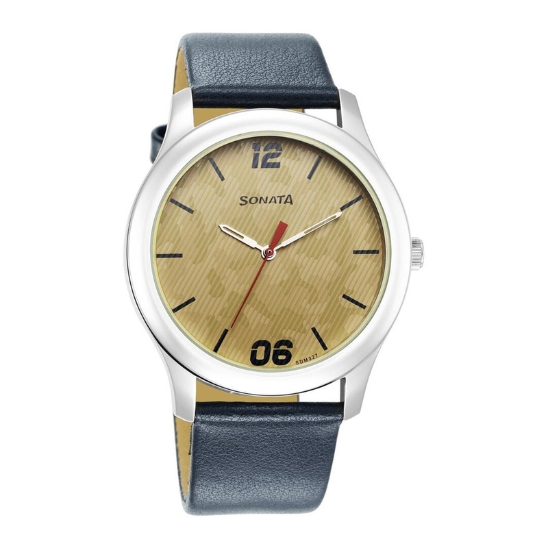 Sonata Men Yellow Brass Printed Dial & Leather Straps Analogue Watch 77106SL07W