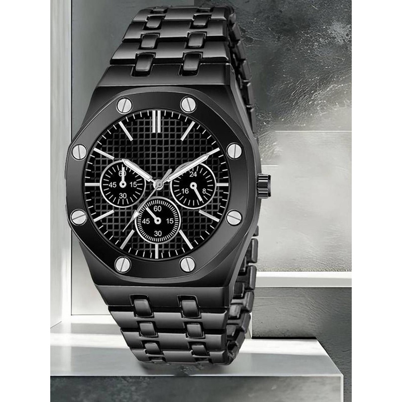 YUKAX Men Textured Stainless Steel Bracelet Style Straps Analogue Watch Hublot black