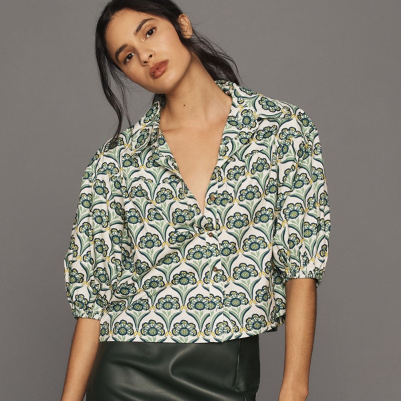 Bubble-Sleeve Printed Blouse