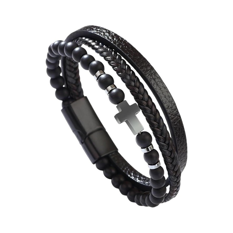 EDMIRIA Men Leather Cross Bracelet Ideas for Young Teenage Natural Matte Agate