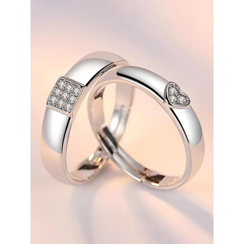 kazare Unisex Set Of 2 Stone-Studded Heart & Square Shaped Adjustable Finger Rings