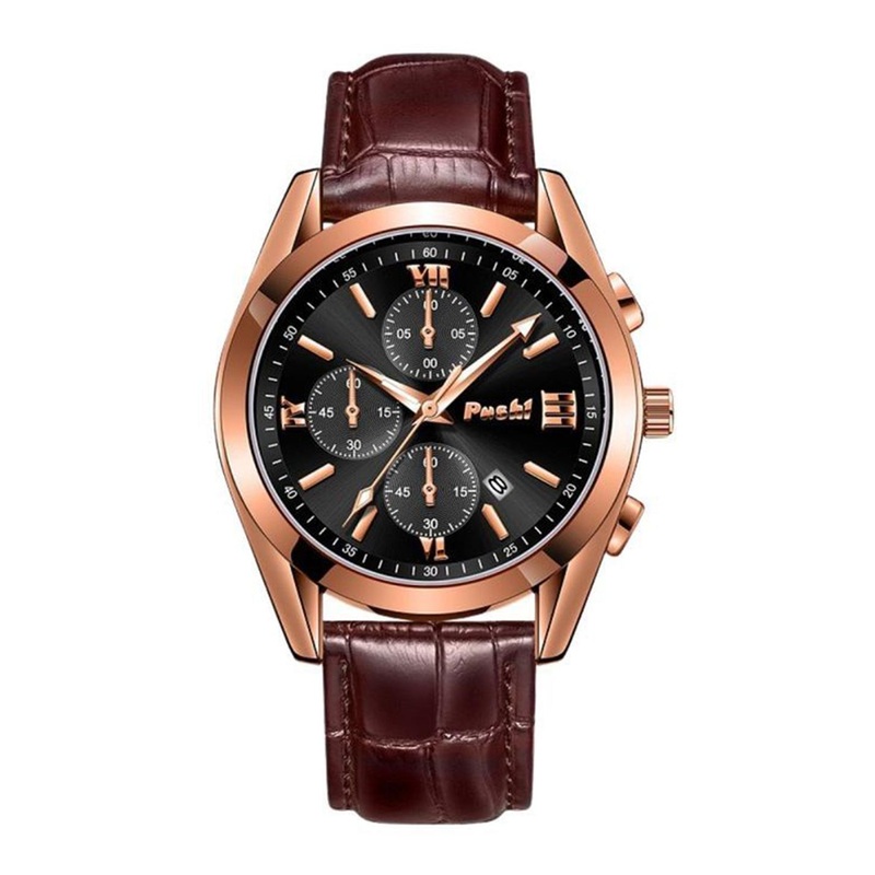 Poshi Men Leather Strap Round Dial Water Resistant Quartz Watch