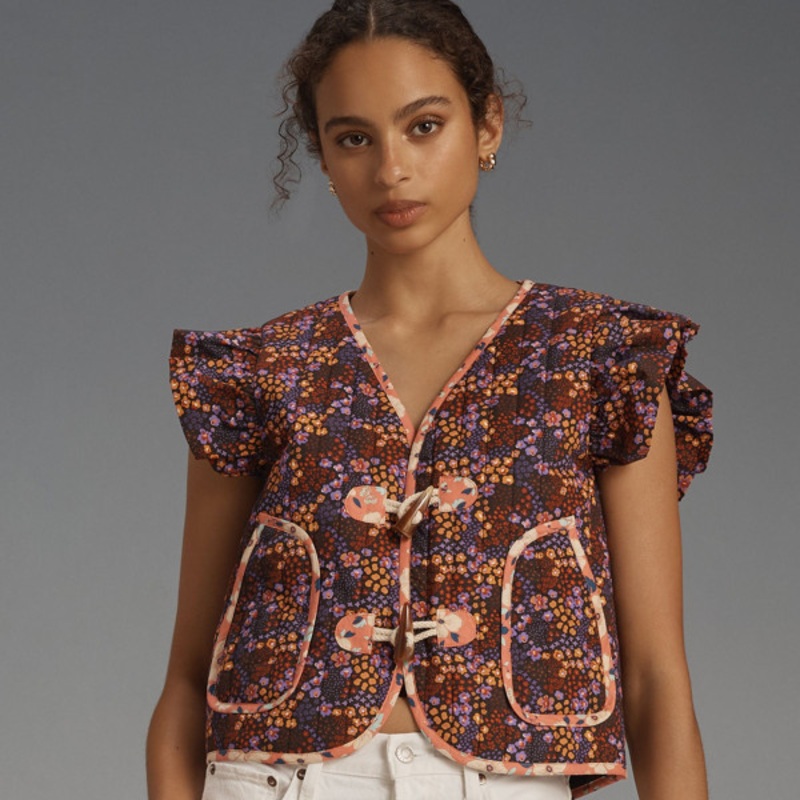 Printed Ruffled Toggle Vest