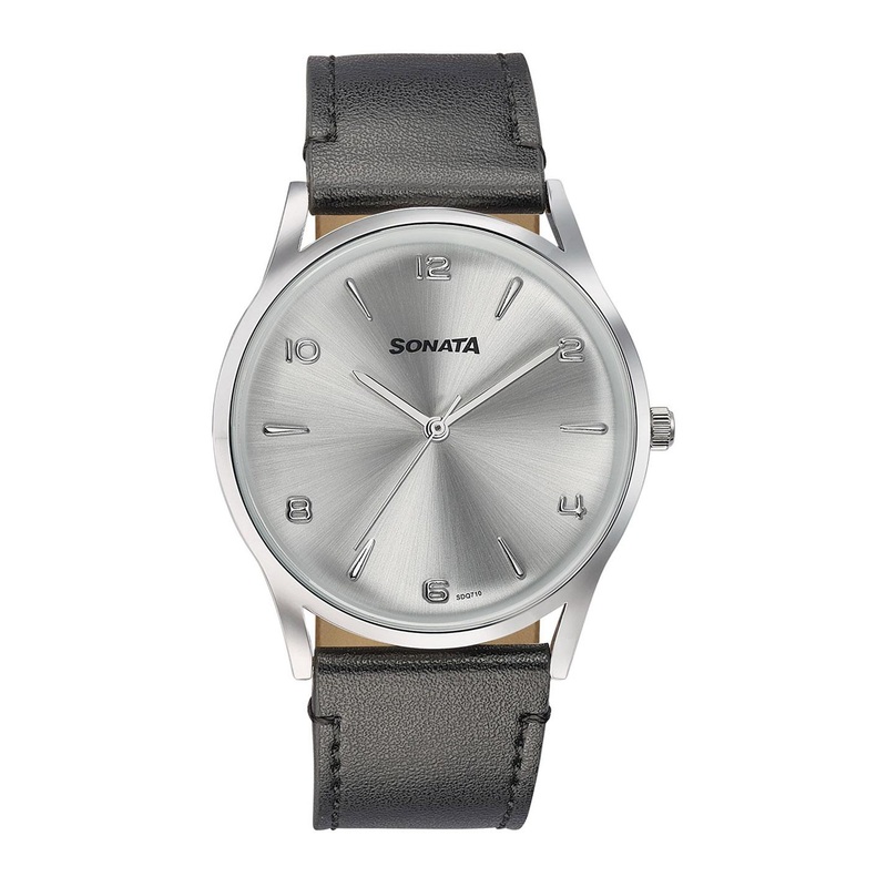 Sonata Men Embellished Dial & Leather Straps Analogue Watch 77140SL01