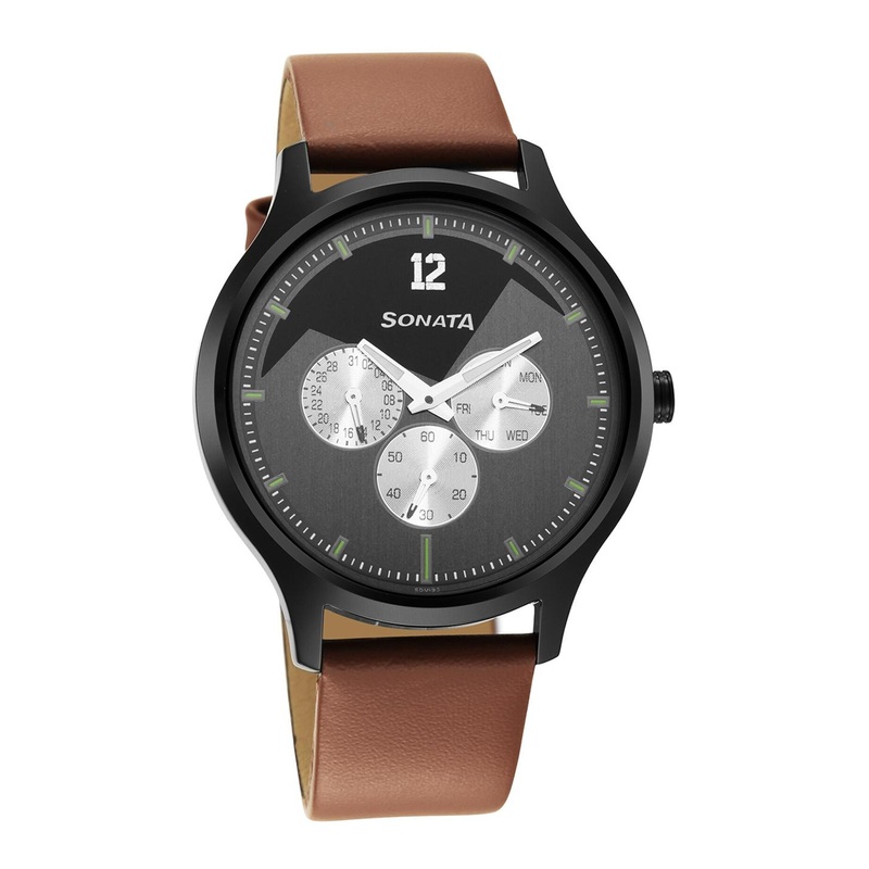 Sonata Men Grey Brass Embellished Dial & Brown Leather Wrap Around Straps Analogue Watch 7140NL02
