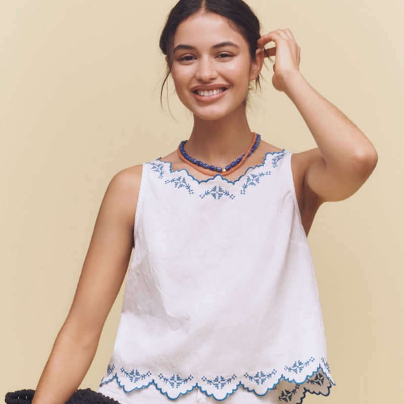 Embroidered Scallop-Hem Blouse