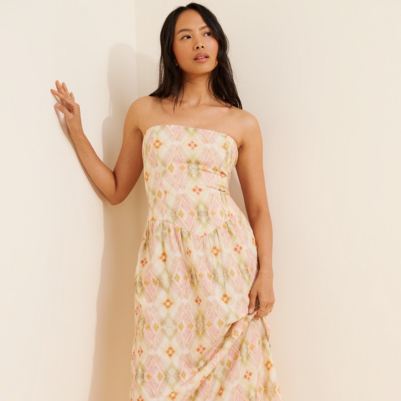 Linen Blend Strapless Drop-Waist Maxi Dress