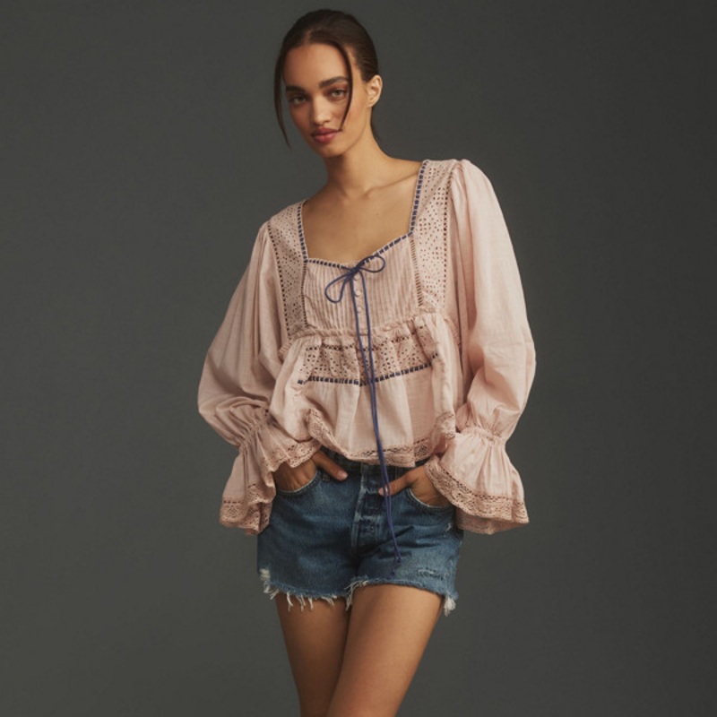 Long-Sleeve Eyelet Swing Top