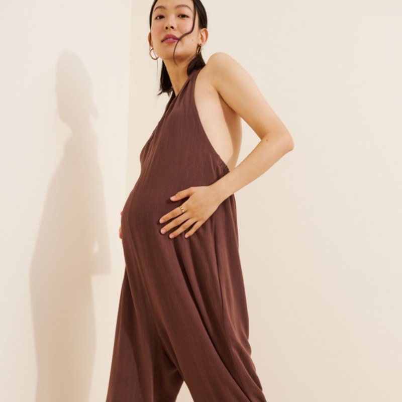 Maternity Halter Linen Blend Jumpsuit