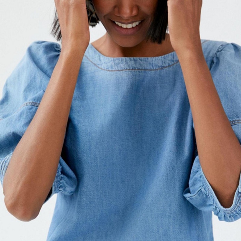 Puff-Sleeved Denim Blouse