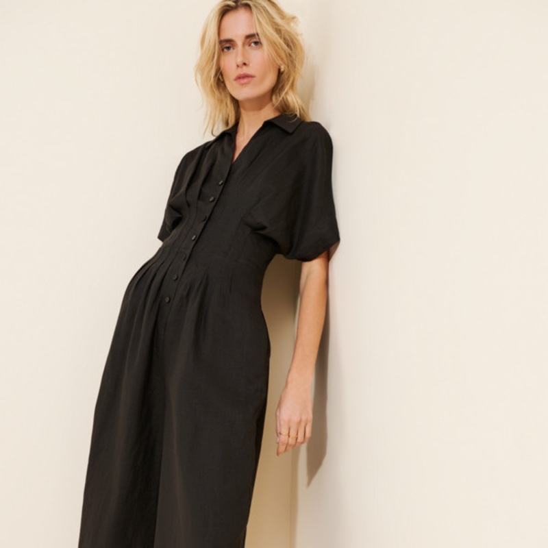The Tobie Linen Button-Front Cropped Pleated Jumpsuit