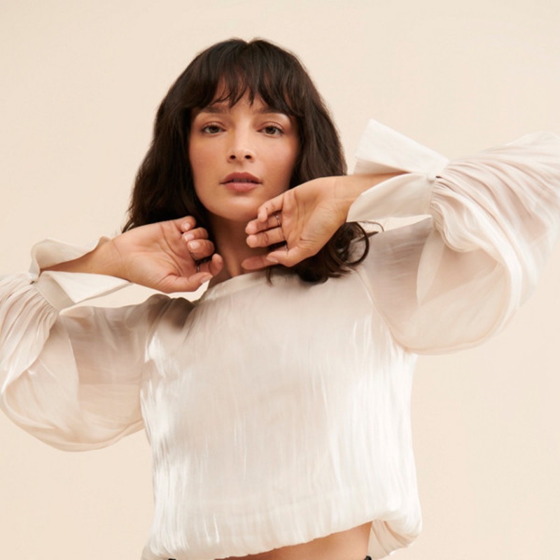 Balloon-Sleeve Tie-Back Blouse