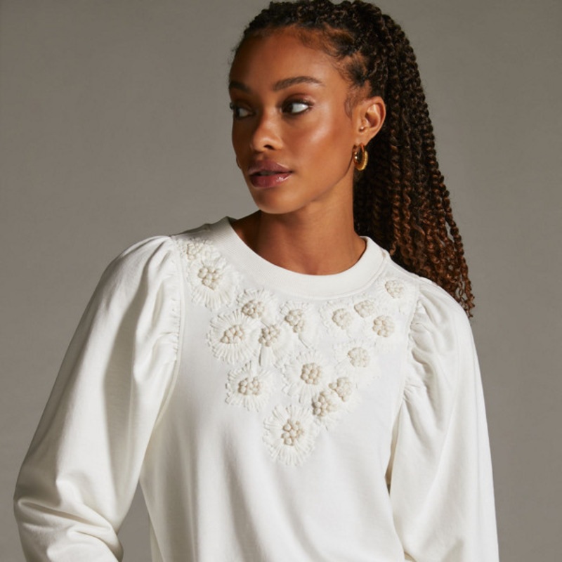 Embroidered Puff-Sleeve Sweatshirt