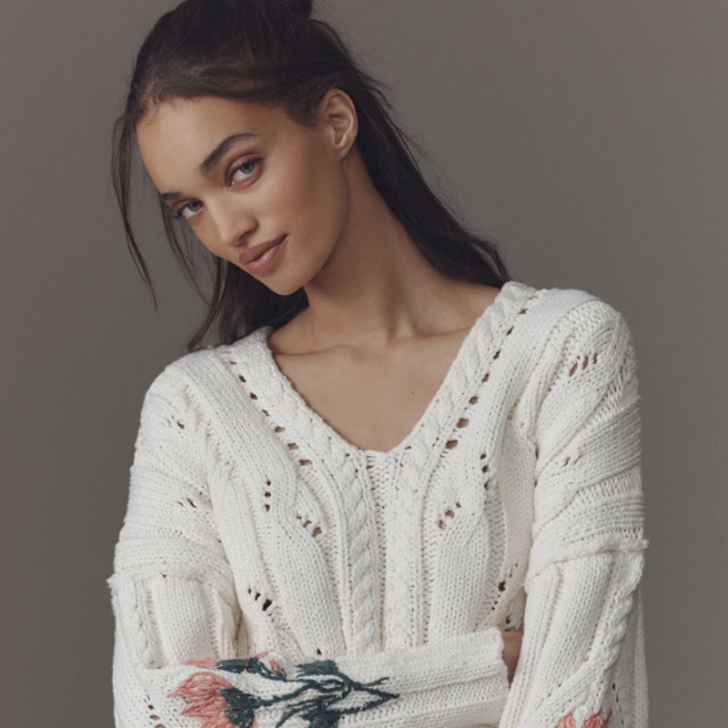 Oversized Embroidered Cable-Knit Sweater