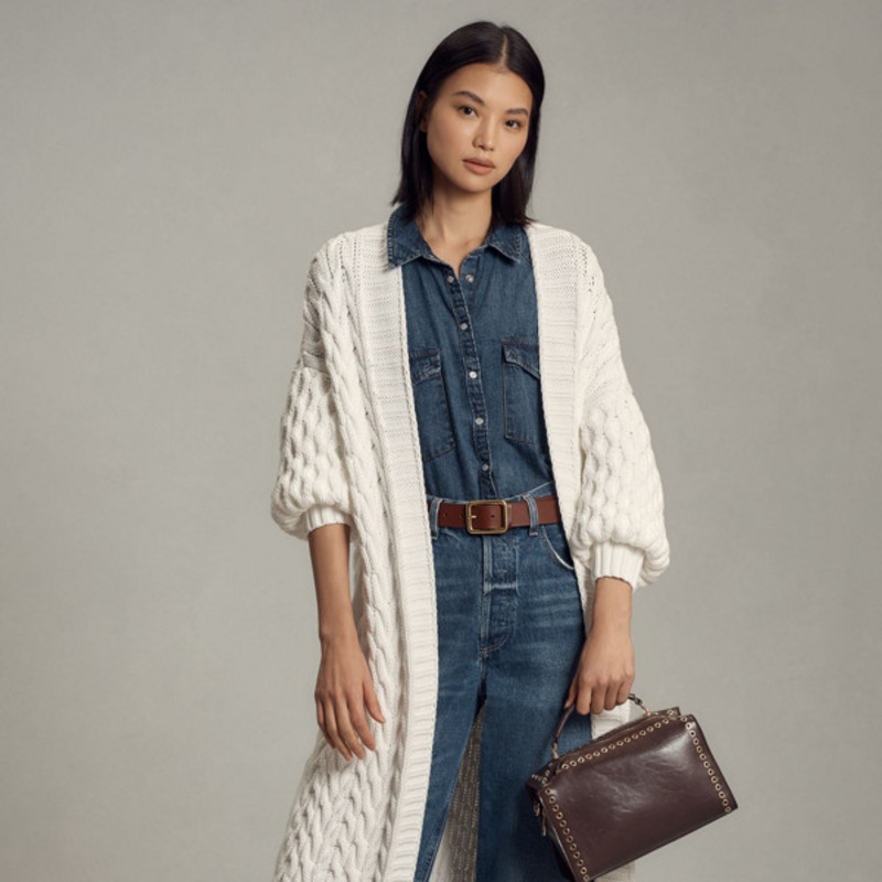 Balloon-Sleeve Cable Duster Sweater