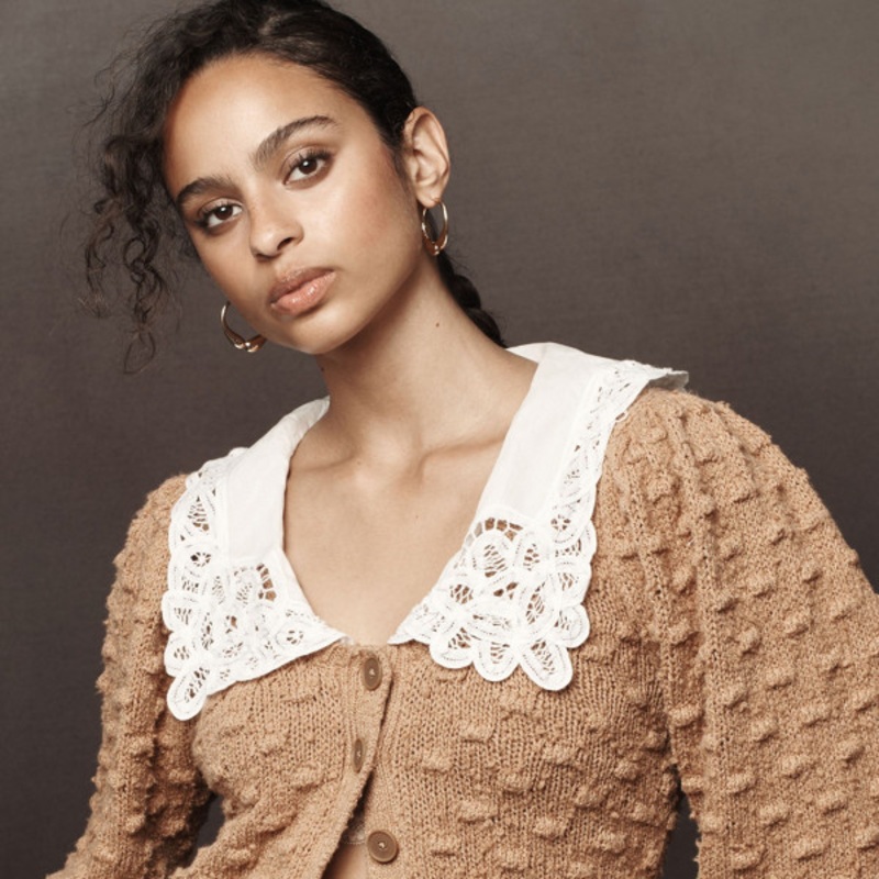 Balloon-Sleeve Collared Cardigan Sweater