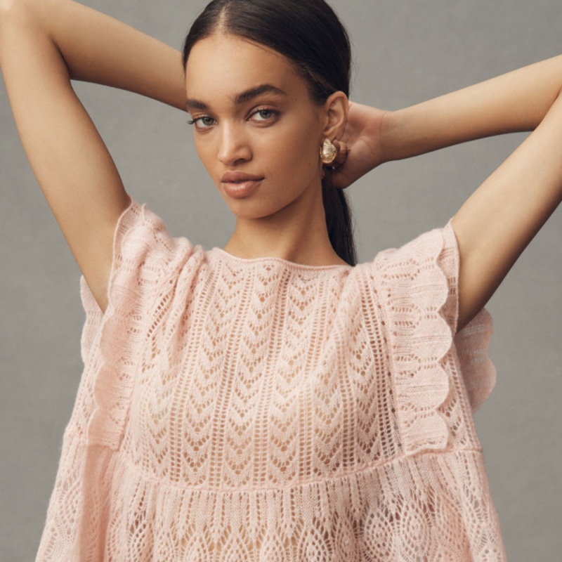 Flutter-Sleeve Cashmere Pointelle Sweater Tee