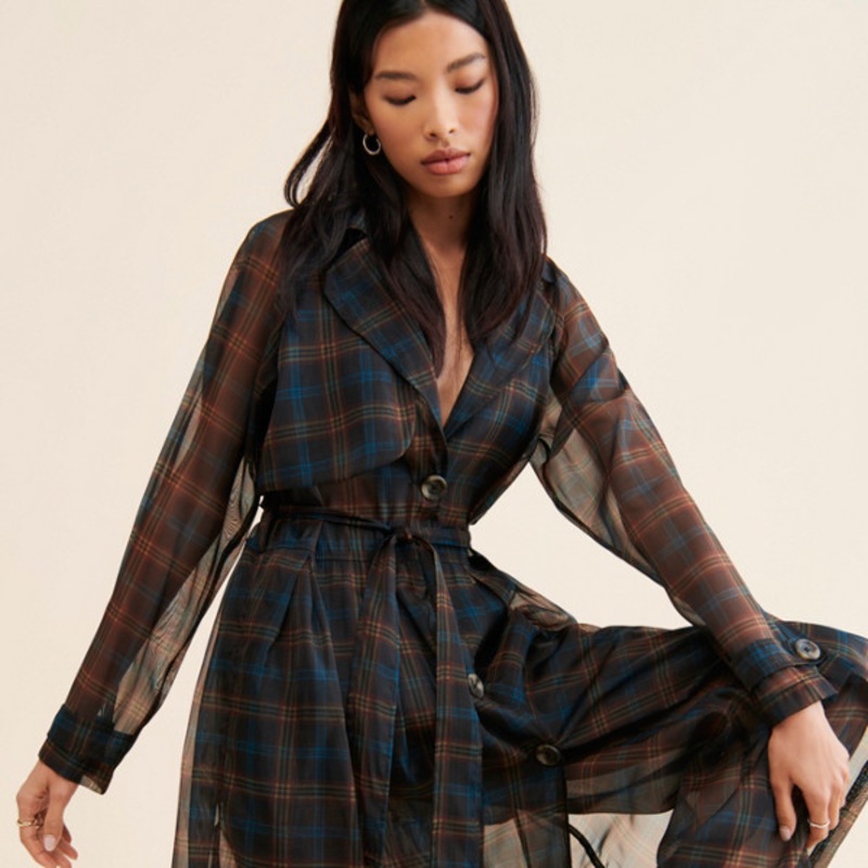 Sheer Plaid Trench Coat