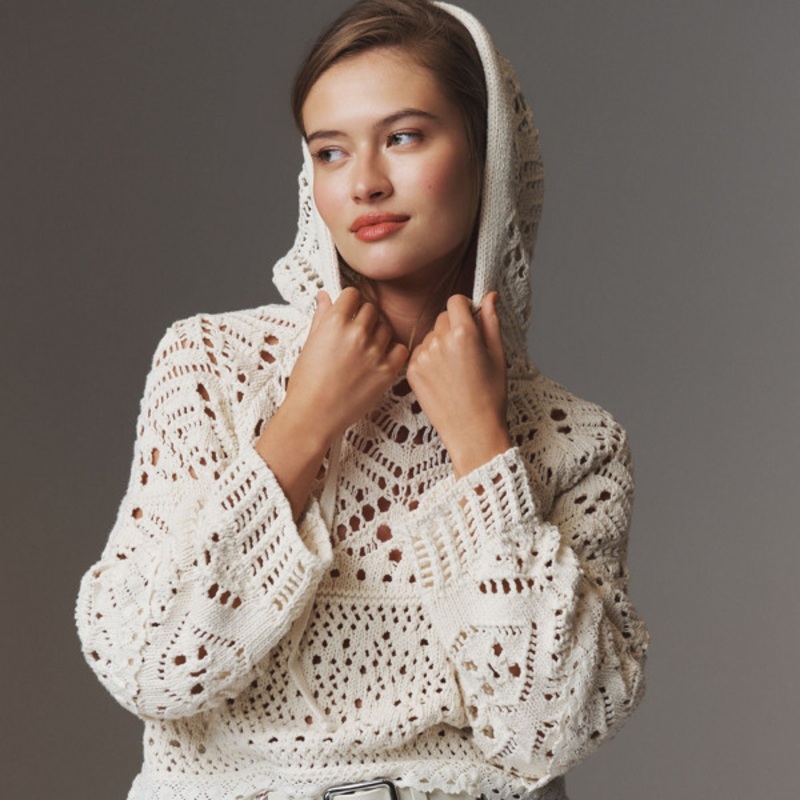 Boxy Crochet Hooded Sweater
