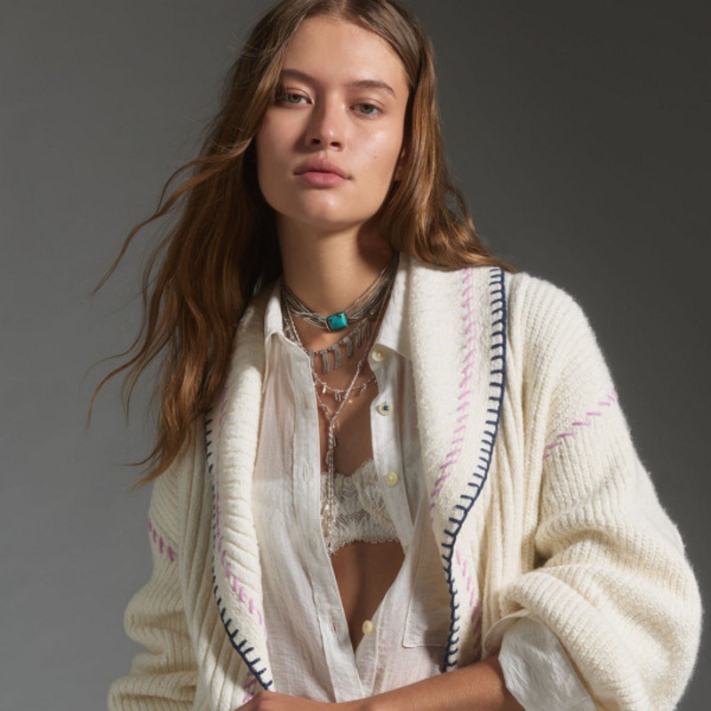 Collared Whipstitch Open Cardigan Sweater