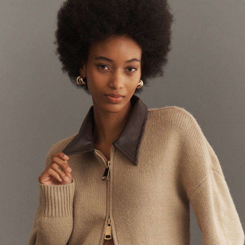 Vegan Leather Mixed Cardigan Sweater