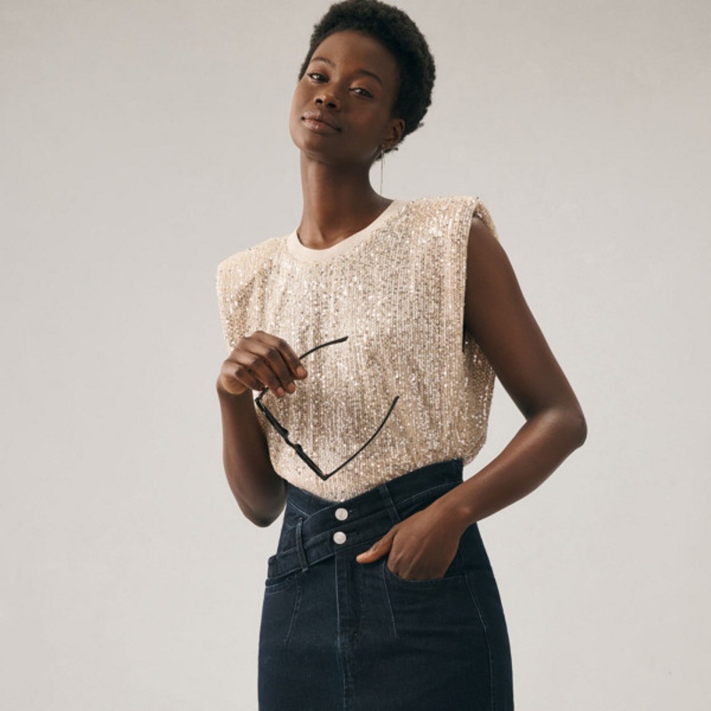 Double-Waist Denim Midi Skirt