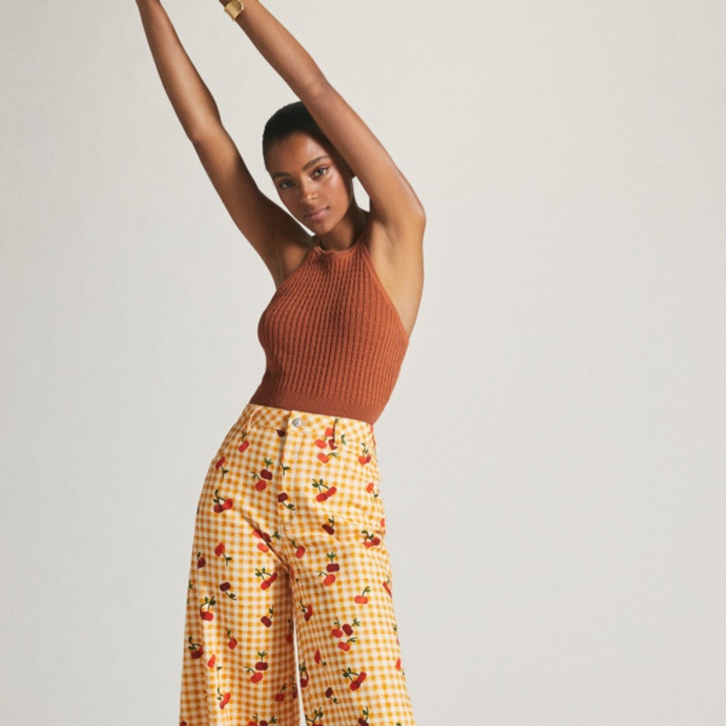 Gingham Cherry Wide-Leg Pants