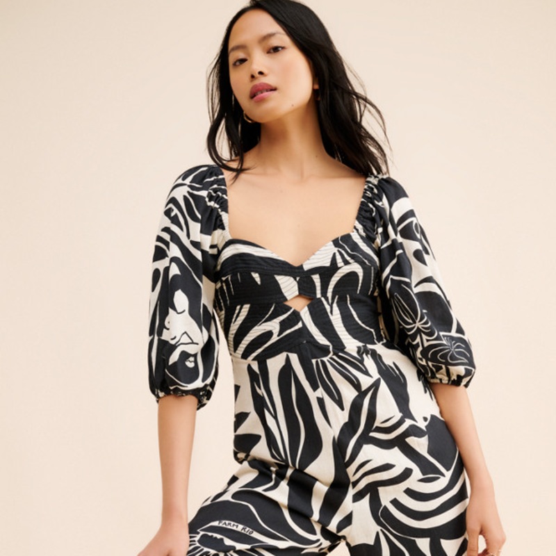 Puff-Sleeve Printed Linen Jumpsuit