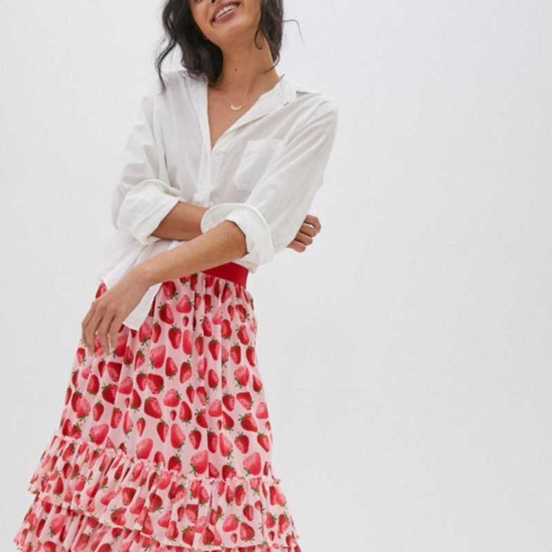 Strawberry Tiered Midi Skirt