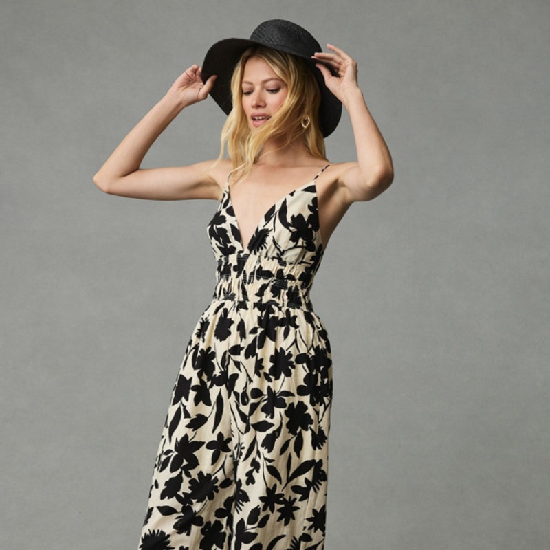 Printed Smocked-Waist Jumpsuit