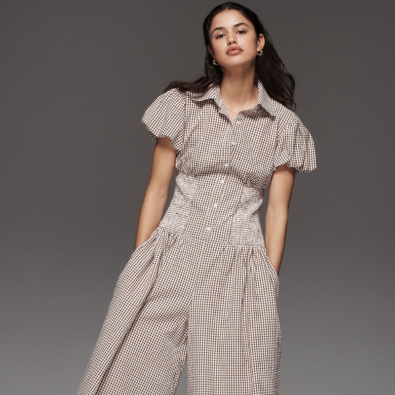 Puff-Sleeve Basque-Waist Wide-Leg Jumpsuit