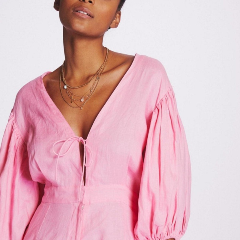 Puff-Sleeved Linen Romper