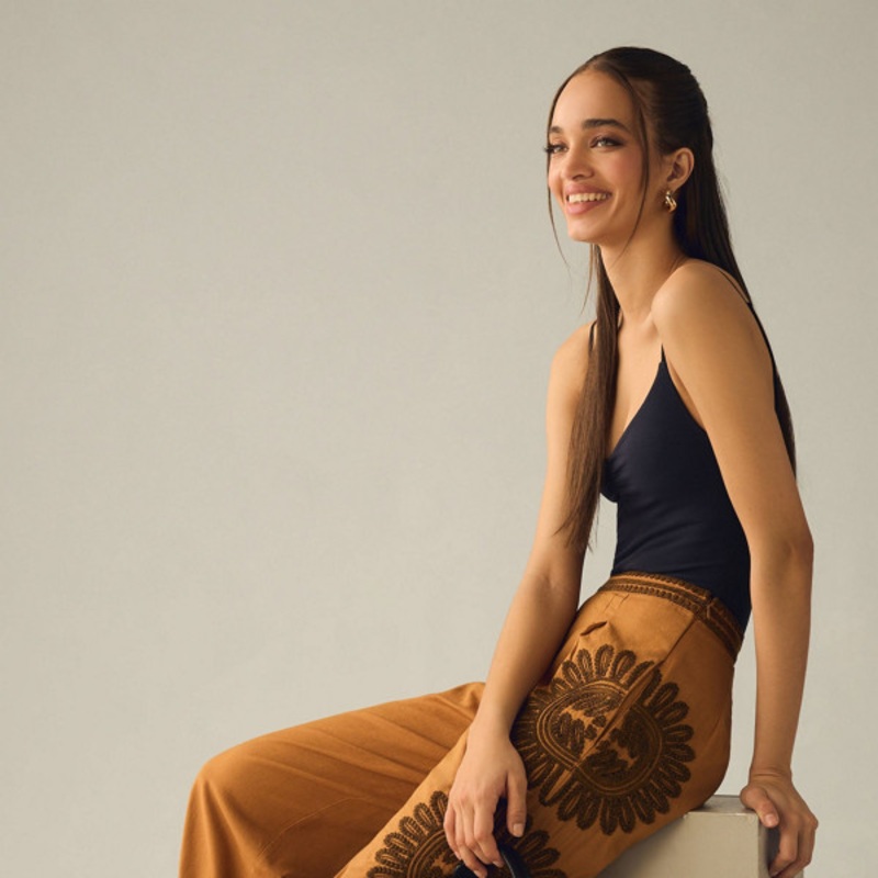 Embroidered Wide-Leg Pants