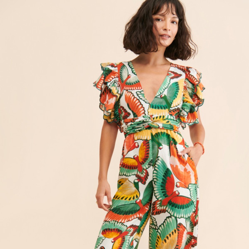 Ruffle-Sleeve Printed Jumpsuit