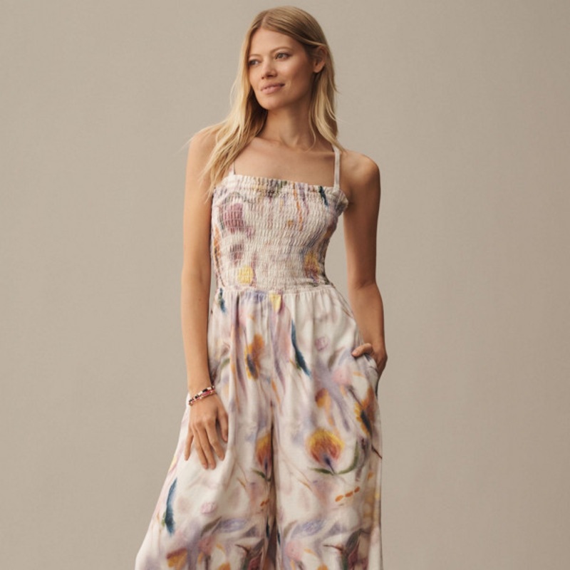 Smocked Printed Linen Jumpsuit