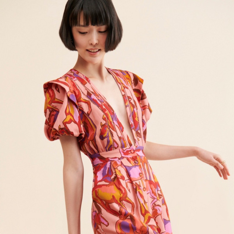 Wild Horses Short-Sleeve Pleated Jumpsuit