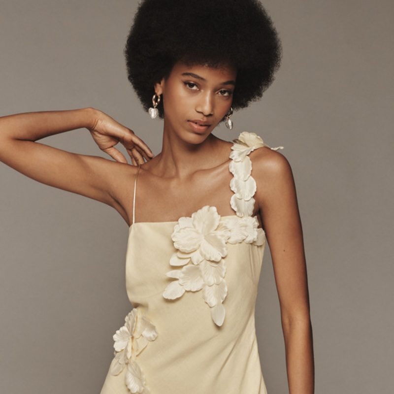 3D Floral Appliqu Linen Blend Dress