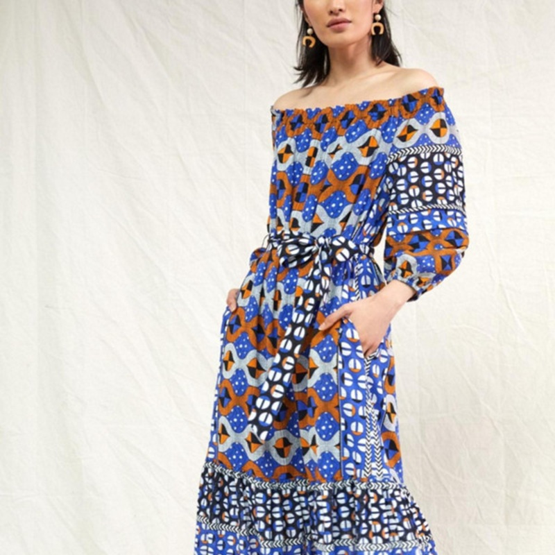 Abstract Flounced Off-The-Shoulder Maxi Dress