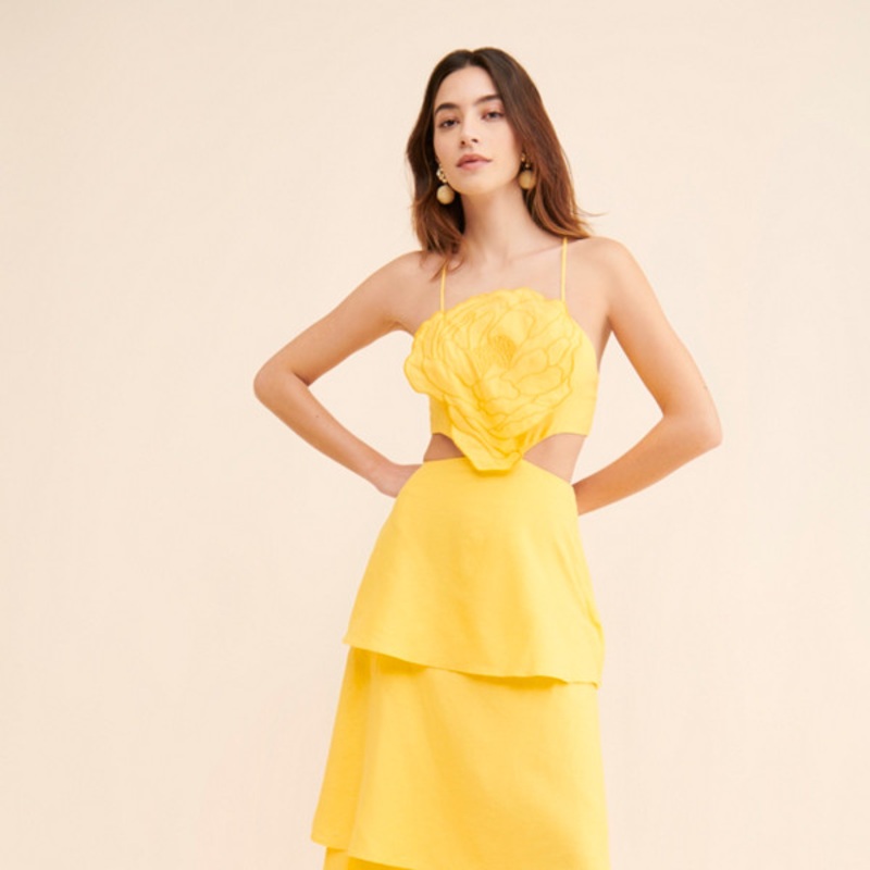 3D Floral Tiered Midi Dress