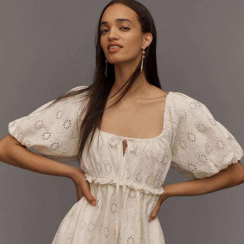 Puff-Sleeved Eyelet Romper