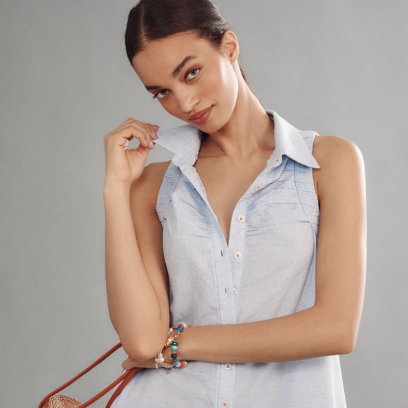 Sleeveless Shirred Linen Blend Romper