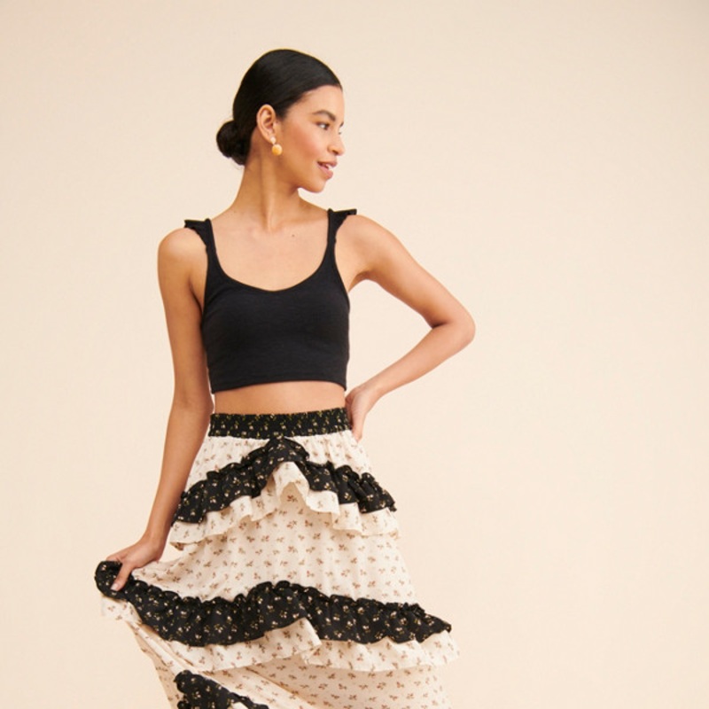 Ditsy Colorblock Tiered Midi Skirt