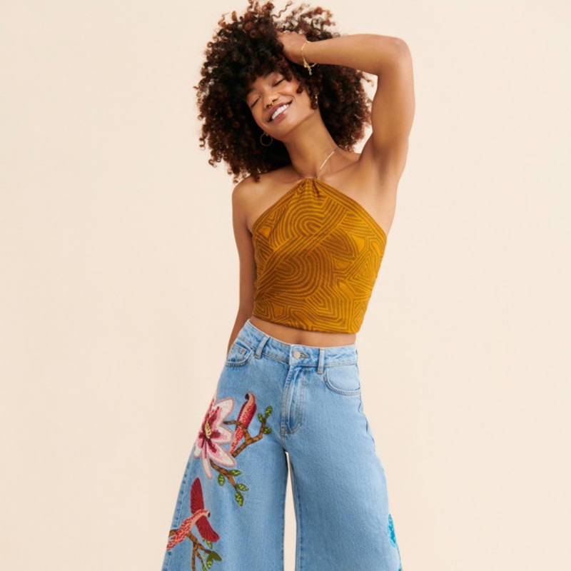 Embroidered Wide Leg Jeans