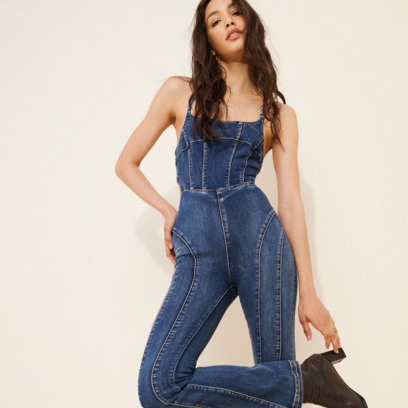 Chandler Denim Strappy-Back Jumpsuit