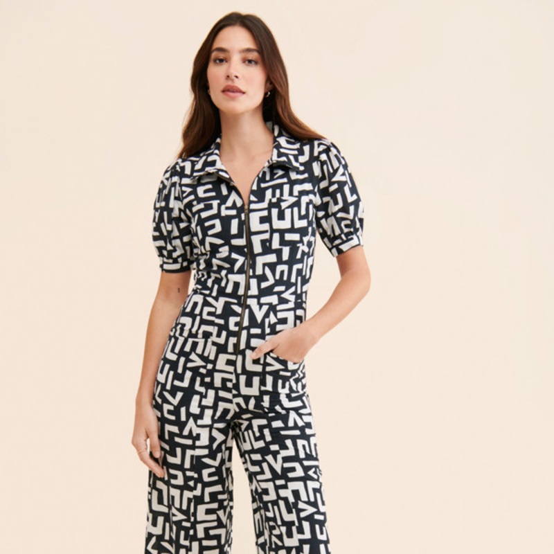 Puff-Sleeve Abstract Jumpsuit
