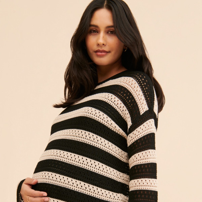 Maternity Striped Crochet Pullover