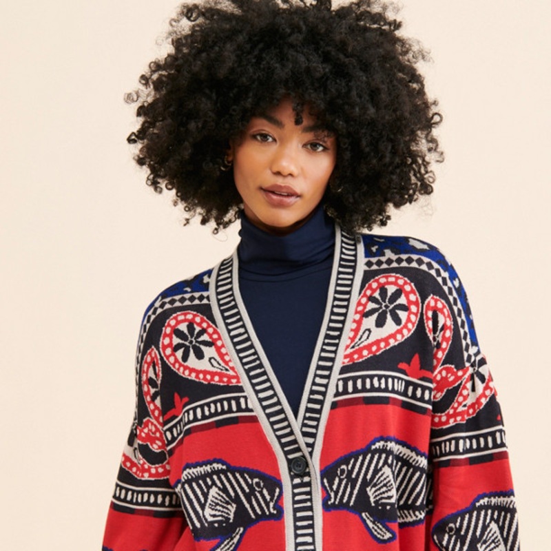 Navy Mixed Prints Knit Cardigan